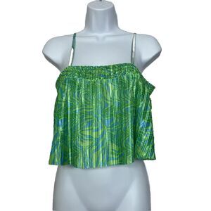 BP Shirt Med Green Blue Womens Swirl Cropped Chiffon Spaghetti Strap Shirred A